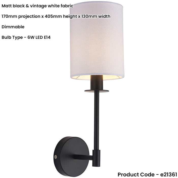 Matt Black Dimmable Wall Light - Modern Vintage White Cylinder Fabric Shade - 6W LED E14