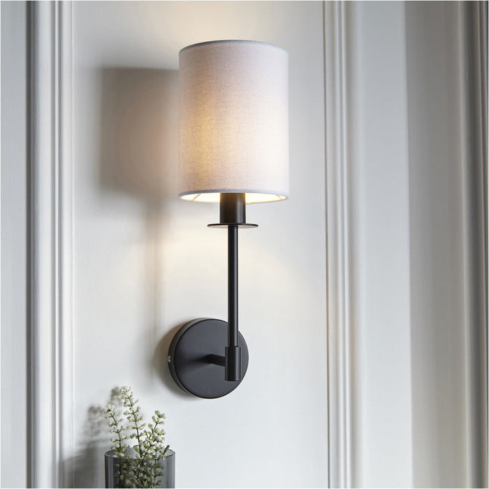 Matt Black Dimmable Wall Light - Modern Vintage White Cylinder Fabric Shade - 6W LED E14