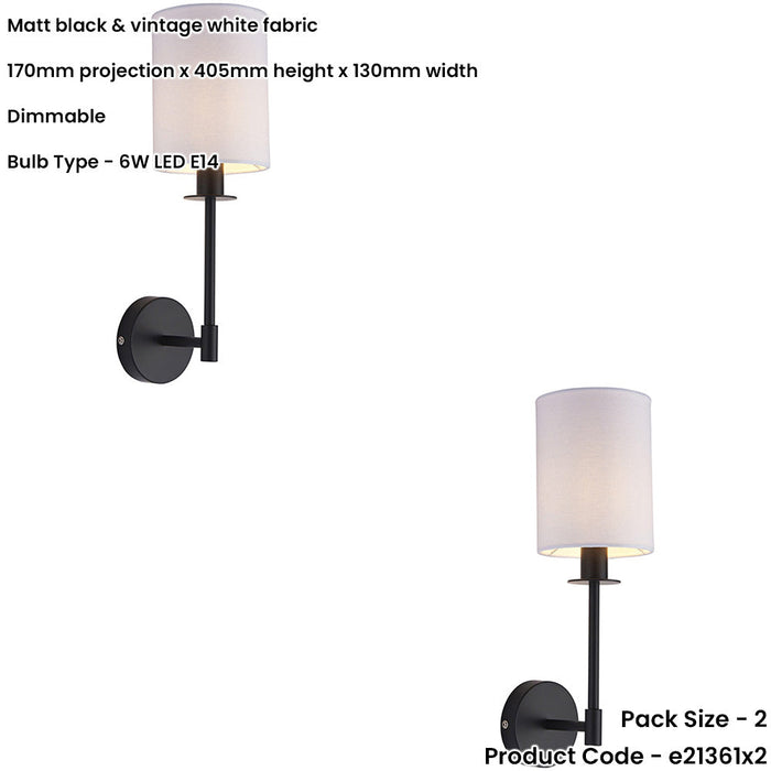 2 PACK Matt Black Dimmable Wall Light - Modern Vintage White Cylinder Fabric Shade - 6W LED E14