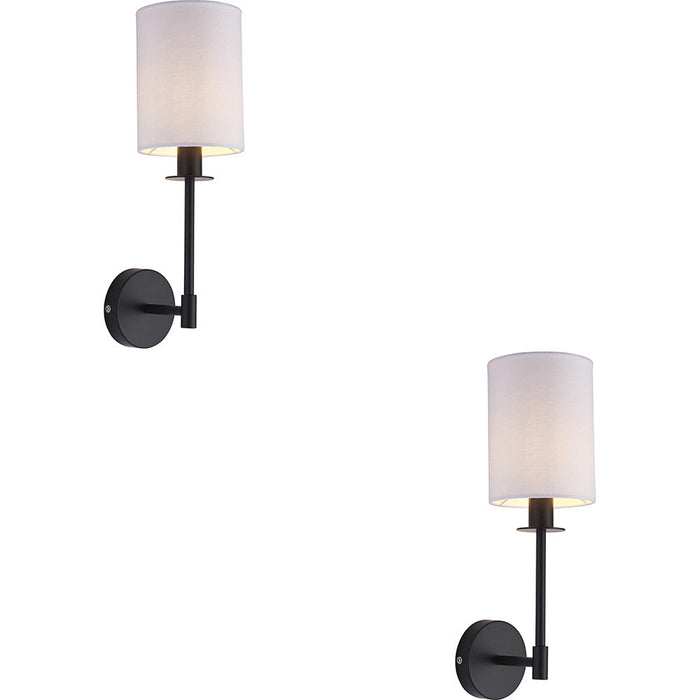 2 PACK Matt Black Dimmable Wall Light - Modern Vintage White Cylinder Fabric Shade - 6W LED E14