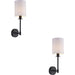 2 PACK Matt Black Dimmable Wall Light - Modern Vintage White Cylinder Fabric Shade - 6W LED E14