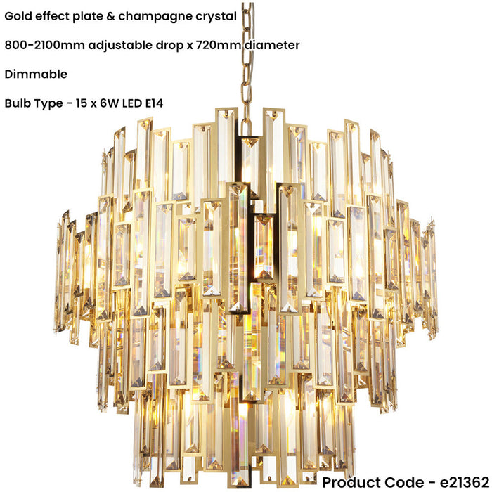 Hanging Ceiling Pendant Light - Gold Effect Plate & Champagne Crystal - 15 X 6W LED E14