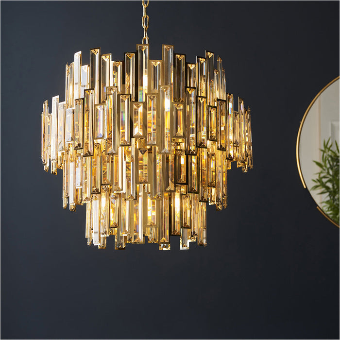 Hanging Ceiling Pendant Light - Gold Effect Plate & Champagne Crystal - 15 X 6W LED E14