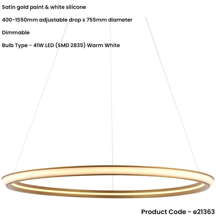 Hanging Ceiling Pendant Light - Satin Gold Paint & White Silicone - 41W LED (Smd 2835) Warm White