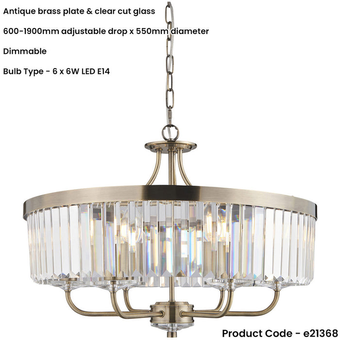 Multi Arm Hanging Ceiling Pendant Light - Antique Brass Plate & Clear Cut Glass Shade - 6 x 6W LED E14