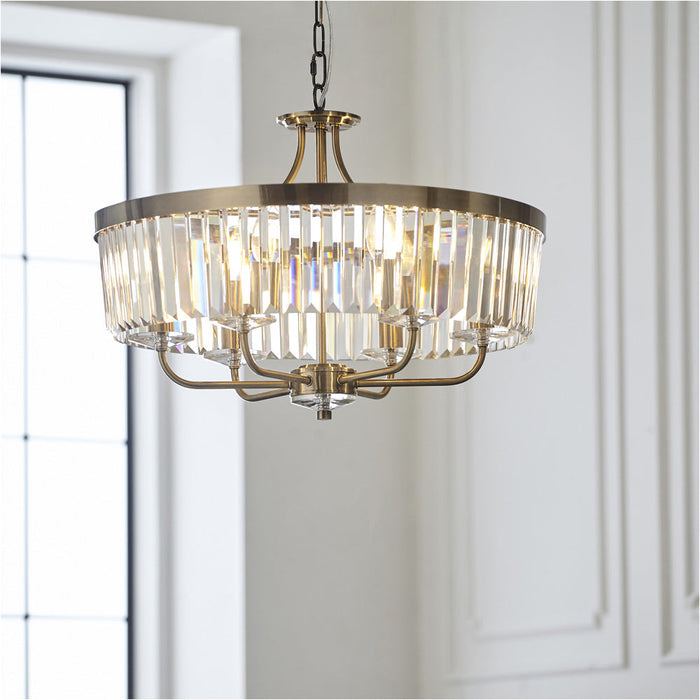 Multi Arm Hanging Ceiling Pendant Light - Antique Brass Plate & Clear Cut Glass Shade - 6 x 6W LED E14