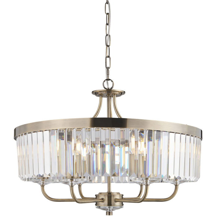 Multi Arm Hanging Ceiling Pendant Light - Antique Brass Plate & Clear Cut Glass Shade - 6 x 6W LED E14