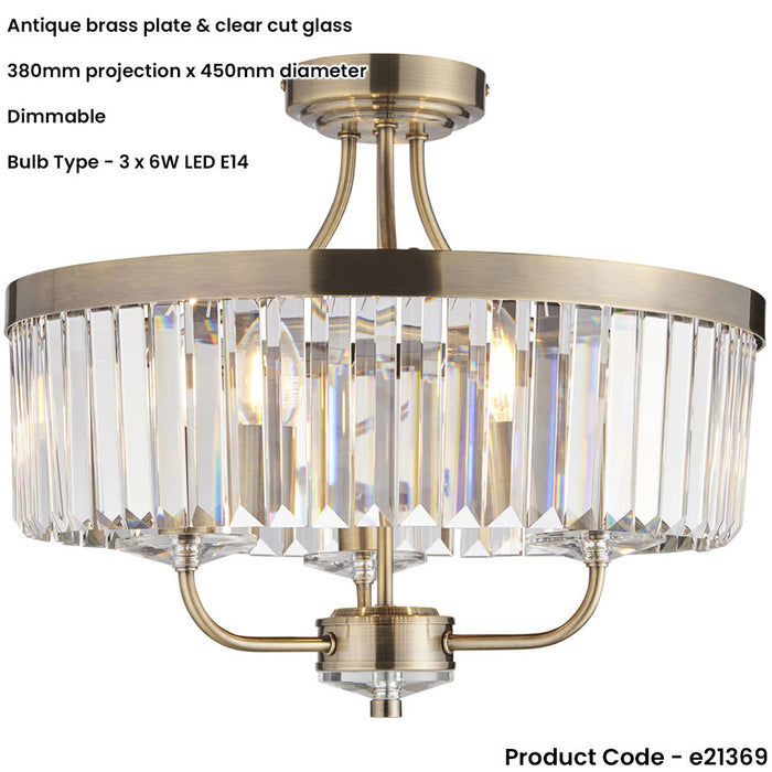 Antique Brass Semi Flush Low Ceiling Light - Clear Cut Glass Shade - 3x 6W LED E14