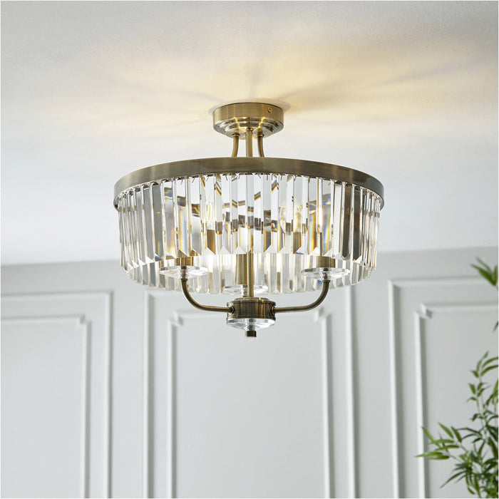 Antique Brass Semi Flush Low Ceiling Light - Clear Cut Glass Shade - 3x 6W LED E14