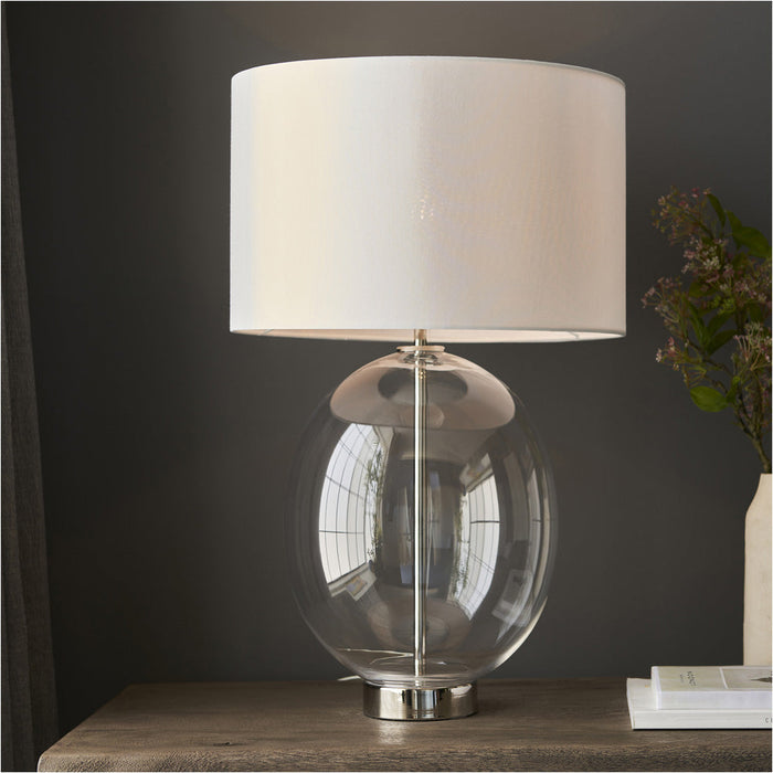 2 PACK Bright Nickel Plate Table Lamp - Rounded Clear Glass With Vintage White Fabric Shade - Touch Dimmable