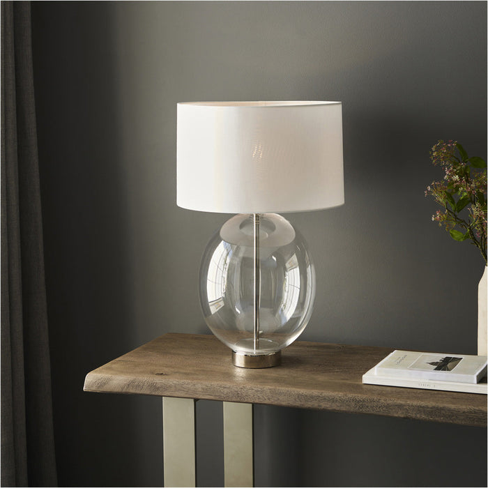 2 PACK Bright Nickel Plate Table Lamp - Rounded Clear Glass With Vintage White Fabric Shade - Touch Dimmable