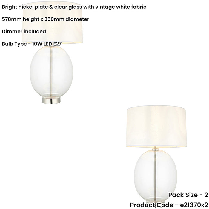 2 PACK Bright Nickel Plate Table Lamp - Rounded Clear Glass With Vintage White Fabric Shade - Touch Dimmable