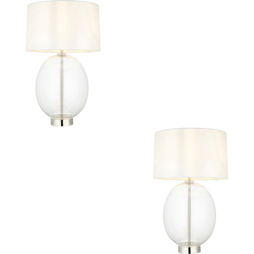 2 PACK Bright Nickel Plate Table Lamp - Rounded Clear Glass With Vintage White Fabric Shade - Touch Dimmable