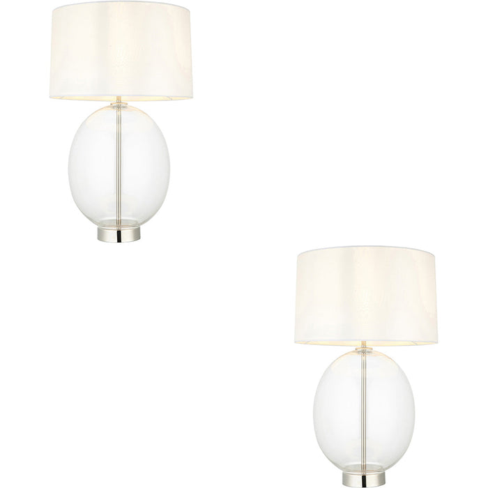 2 PACK Bright Nickel Plate Table Lamp - Rounded Clear Glass With Vintage White Fabric Shade - Touch Dimmable