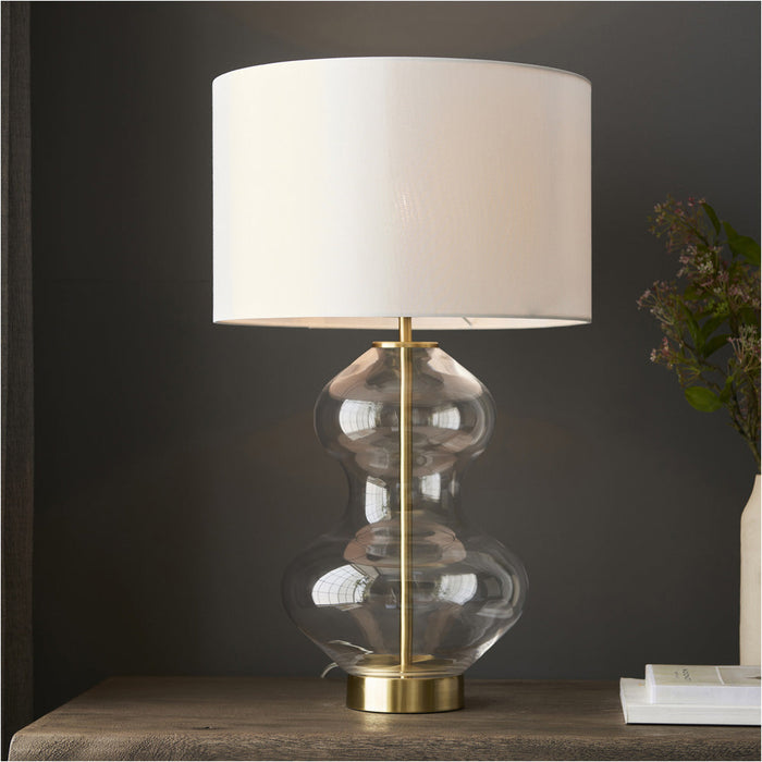 2 PACK Bright Nickel Plate Table Lamp - Clear Glass With Vintage White Fabric Shade - Touch Dimmable