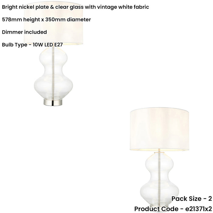 2 PACK Bright Nickel Plate Table Lamp - Clear Glass With Vintage White Fabric Shade - Touch Dimmable