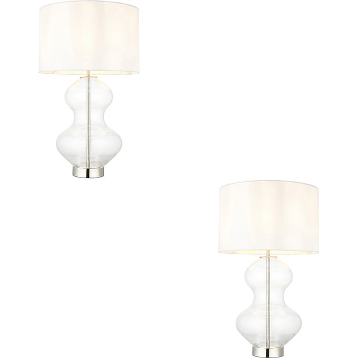 2 PACK Bright Nickel Plate Table Lamp - Clear Glass With Vintage White Fabric Shade - Touch Dimmable