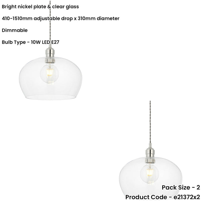 2 PACK Hanging Ceiling Pendant Light - Medium Bright Nickel Plate & Clear Glass - 10W LED E27