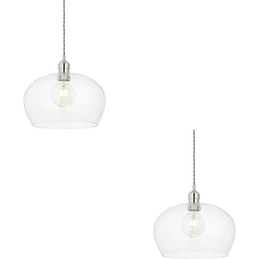 2 PACK Hanging Ceiling Pendant Light - Medium Bright Nickel Plate & Clear Glass - 10W LED E27