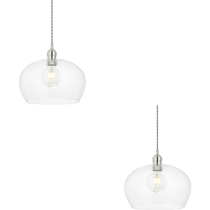 2 PACK Hanging Ceiling Pendant Light - Medium Bright Nickel Plate & Clear Glass - 10W LED E27