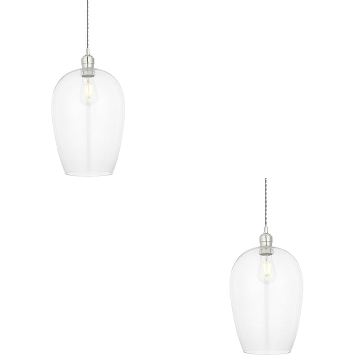 2 PACK Hanging Ceiling Pendant Light - Large Bright Nickel Plate & Clear Glass - 10W LED E27