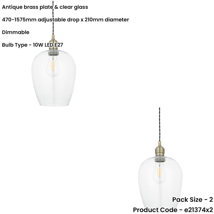 2 PACK Hanging Ceiling Pendant Light - Antique Brass Plate & Clear Glass - 10W LED E27