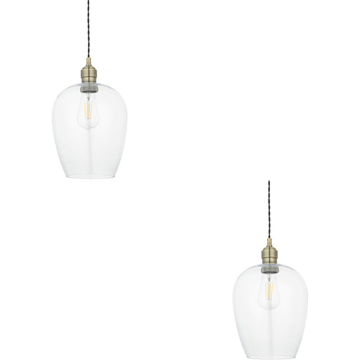 2 PACK Hanging Ceiling Pendant Light - Antique Brass Plate & Clear Glass - 10W LED E27