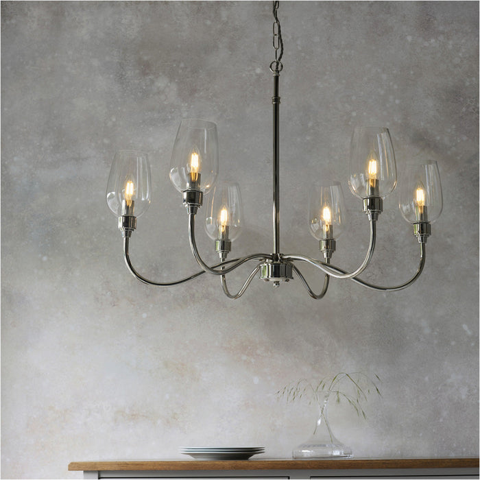 Multi Arm Hanging Ceiling Pendant Light - Bright Nickel Plate & Clear Glass Shade - 6 x 6W LED E14