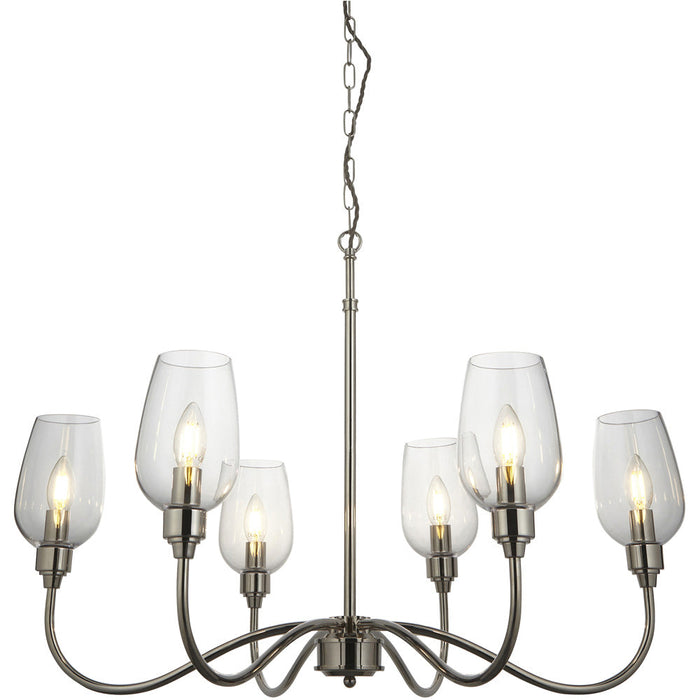 Multi Arm Hanging Ceiling Pendant Light - Bright Nickel Plate & Clear Glass Shade - 6 x 6W LED E14