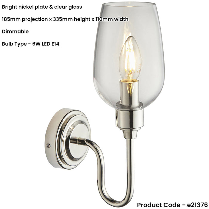 Bright Nickel Dimmable Wall Light - Clear Glass Shade - 6W LED E14 Candle