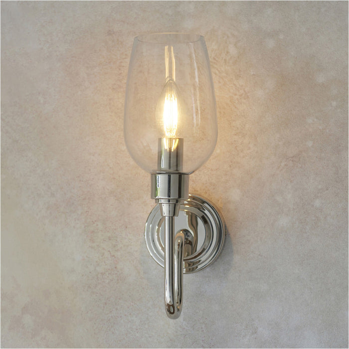 Bright Nickel Dimmable Wall Light - Clear Glass Shade - 6W LED E14 Candle