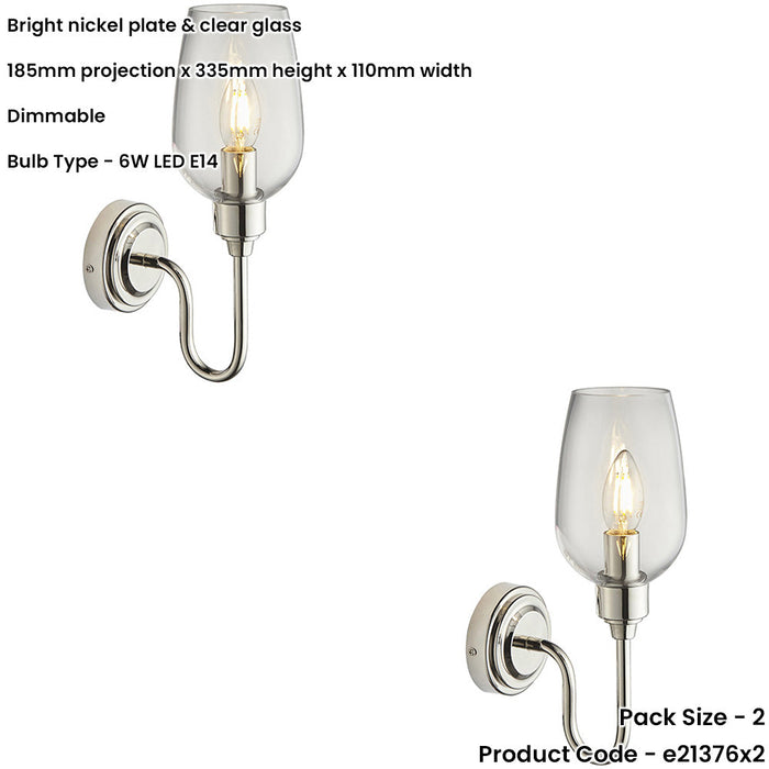 2 PACK Bright Nickel Dimmable Wall Light - Clear Glass Shade - 6W LED E14 Candle