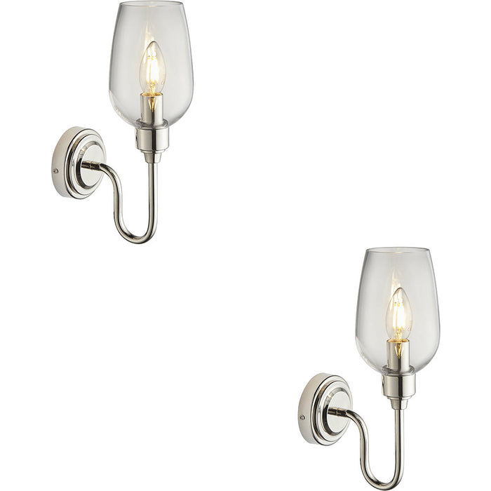 2 PACK Bright Nickel Dimmable Wall Light - Clear Glass Shade - 6W LED E14 Candle