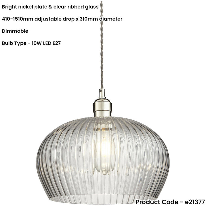 Hanging Ceiling Pendant Light - Bright Nickel Plate & Clear Ribbed Dome Glass - 10W LED E27