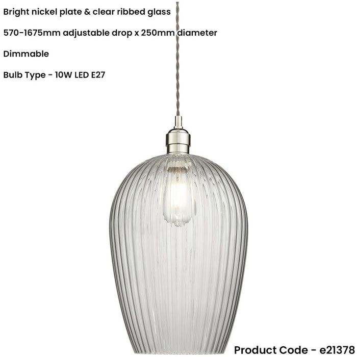 Hanging Ceiling Pendant Light - Bright Nickel Plate & Large Clear Ribbed Glass - 10W LED E27