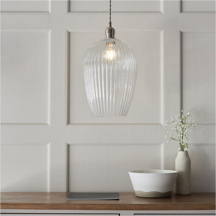 Hanging Ceiling Pendant Light - Bright Nickel Plate & Large Clear Ribbed Glass - 10W LED E27