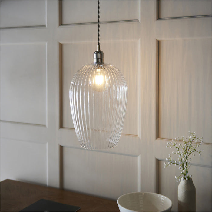 Hanging Ceiling Pendant Light - Bright Nickel Plate & Large Clear Ribbed Glass - 10W LED E27