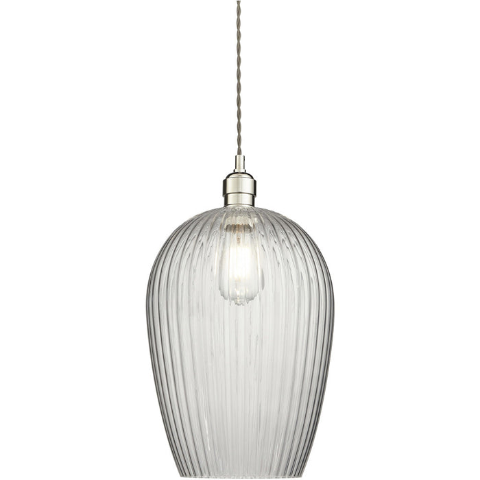 Hanging Ceiling Pendant Light - Bright Nickel Plate & Large Clear Ribbed Glass - 10W LED E27