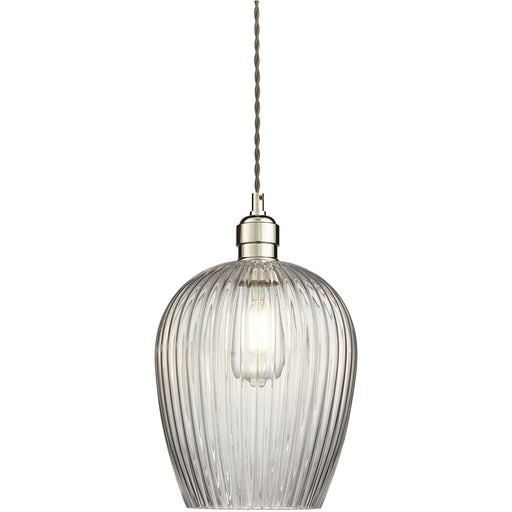 Hanging Ceiling Pendant Light - Bright Nickel Plate & Clear Ribbed Glass - 10W LED E27