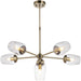 Multi Arm Hanging Ceiling Pendant Light - Antique Brass Plate Adjustable Stem & 6x Clear Glass Shades