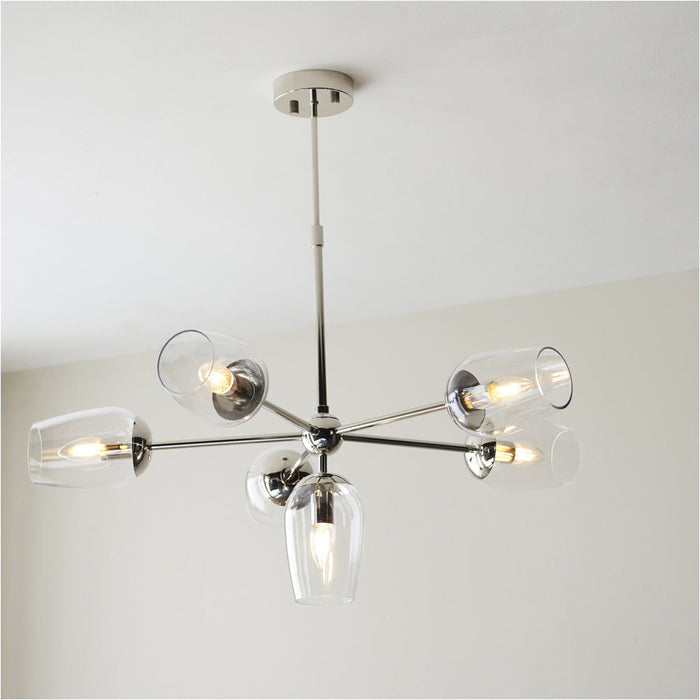 Multi Arm Hanging Ceiling Pendant Light - Bright Nickel Plate Adjustable Stem & 6x Clear Glass Shades