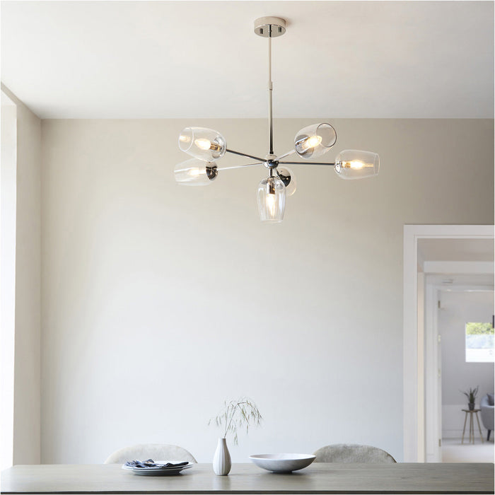 Multi Arm Hanging Ceiling Pendant Light - Bright Nickel Plate Adjustable Stem & 6x Clear Glass Shades