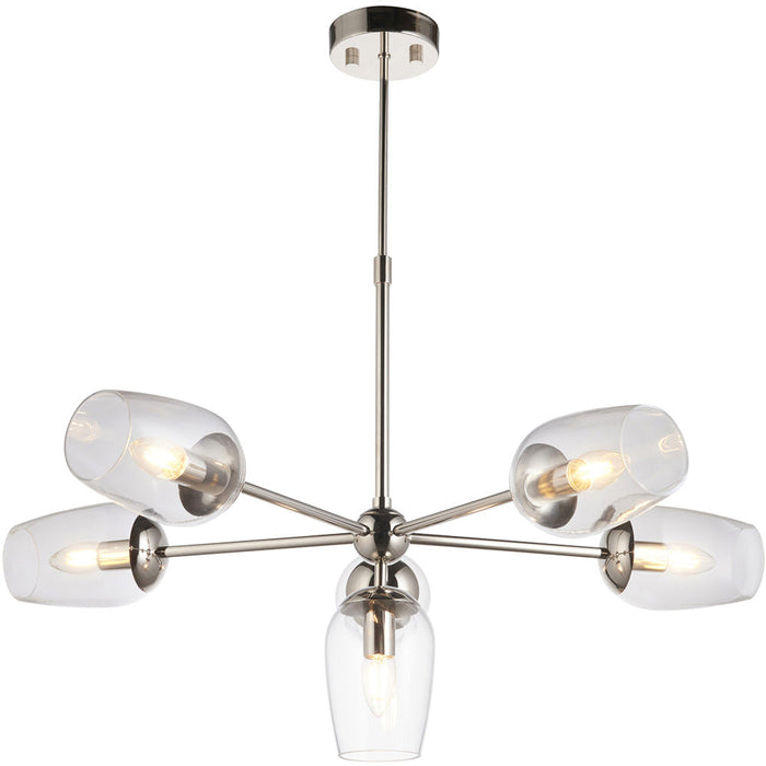 Multi Arm Hanging Ceiling Pendant Light - Bright Nickel Plate Adjustable Stem & 6x Clear Glass Shades