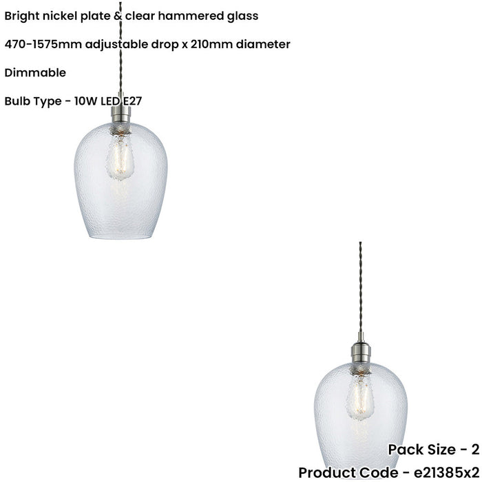 2 PACK Hanging Ceiling Pendant Light - Bright Nickel Plate & Clear Hammered Glass - 10W LED E27