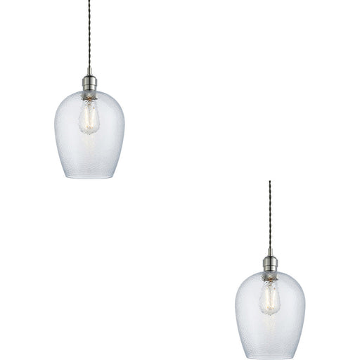 2 PACK Hanging Ceiling Pendant Light - Bright Nickel Plate & Clear Hammered Glass - 10W LED E27