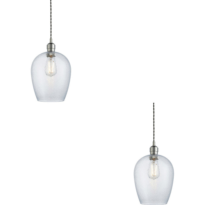 2 PACK Hanging Ceiling Pendant Light - Bright Nickel Plate & Clear Hammered Glass - 10W LED E27