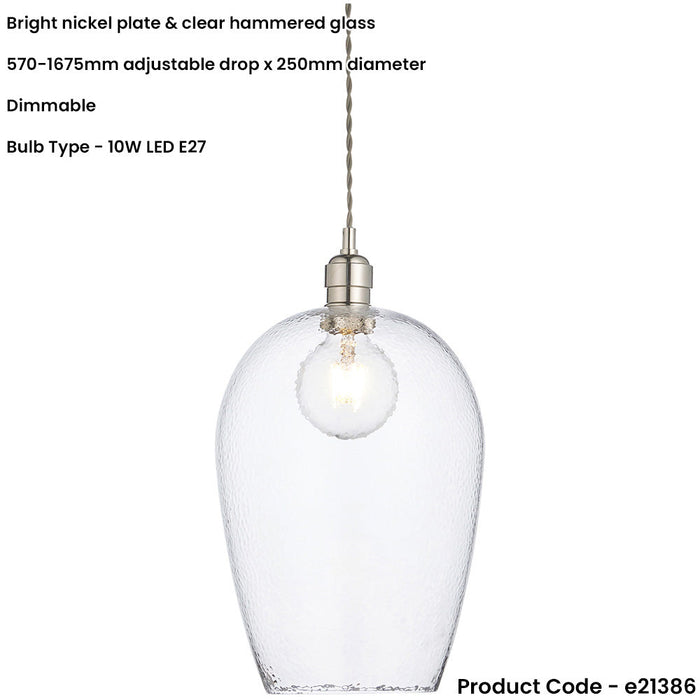 Hanging Ceiling Pendant Light - Bright Nickel Plate & Clear Hammered Large Glass - 10W LED E27