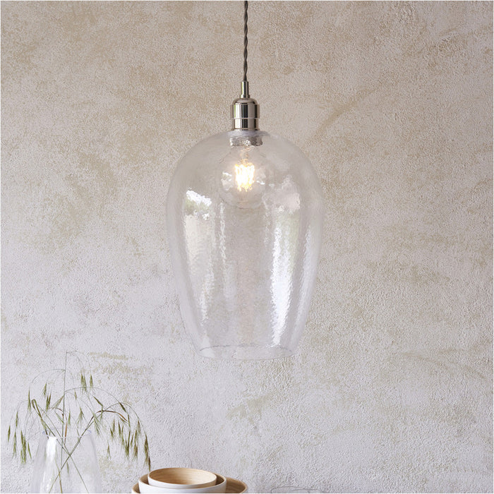 Hanging Ceiling Pendant Light - Bright Nickel Plate & Clear Hammered Large Glass - 10W LED E27