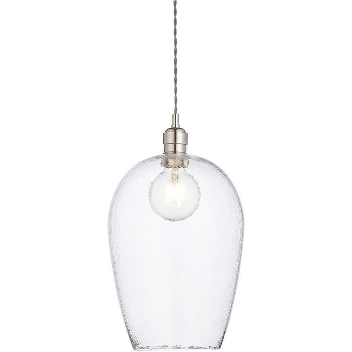 Hanging Ceiling Pendant Light - Bright Nickel Plate & Clear Hammered Large Glass - 10W LED E27