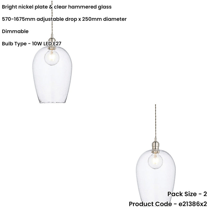 2 PACK Hanging Ceiling Pendant Light - Bright Nickel Plate & Clear Hammered Large Glass - 10W LED E27